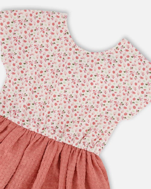 Deux Par Deux Little Girl's Bi-material Dress With Printed Top Small Flowers And Pink In Small Flowers And Pink