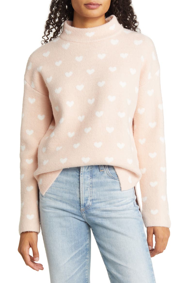 Pattern Mock Neck Sweater, Main, color, PINK SMOKE- IVORY HEART CHECK