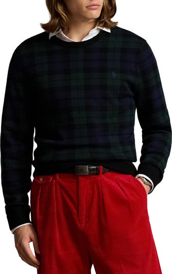 Polo Ralph Lauren Pullover Crew good Sweater Dark Blue Tartan Plaid Wool Men's Size L