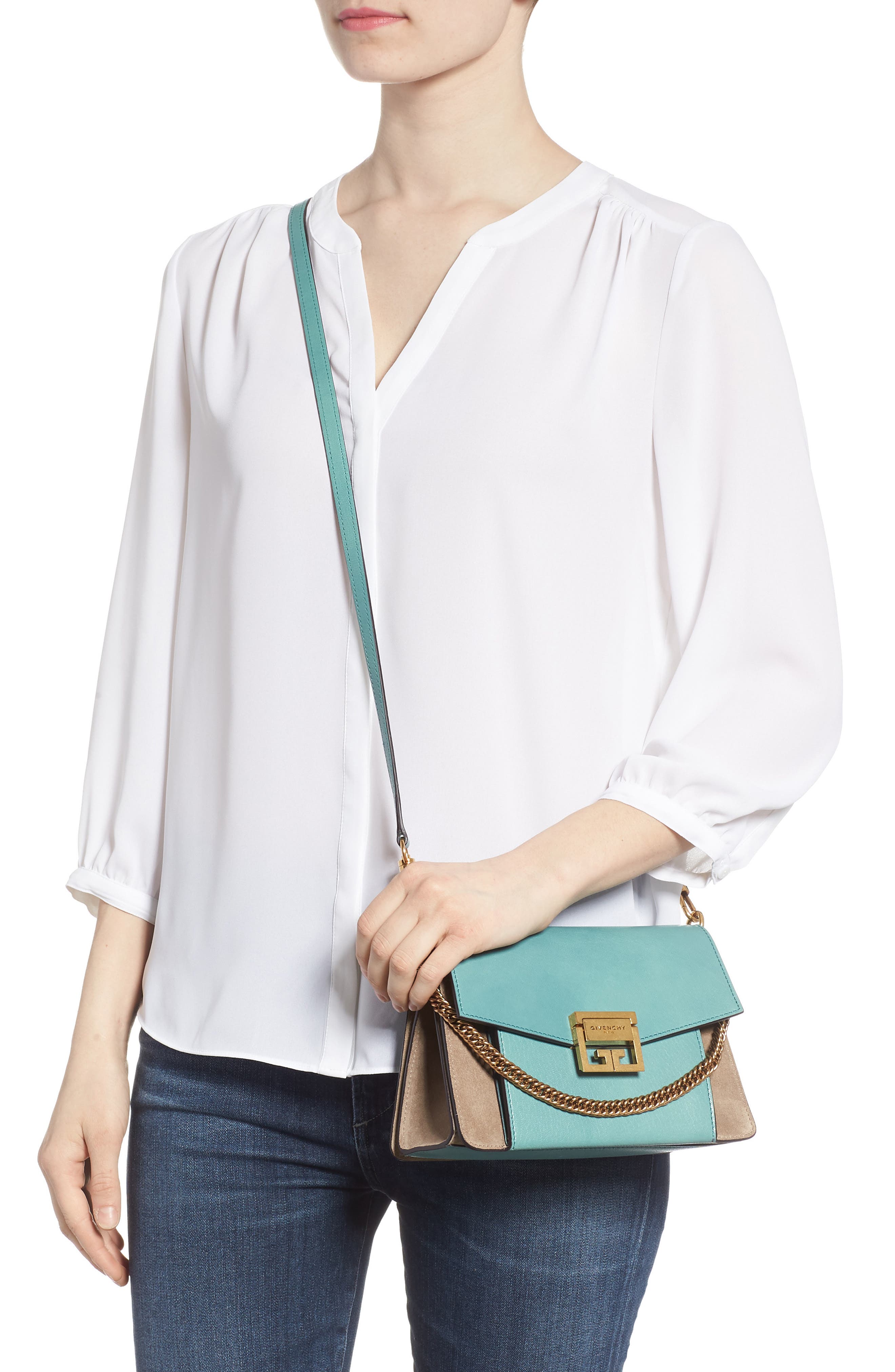 Small GV3 Leather & Suede Crossbody Bag, Alternate, color, AQUA/ TAUPE
