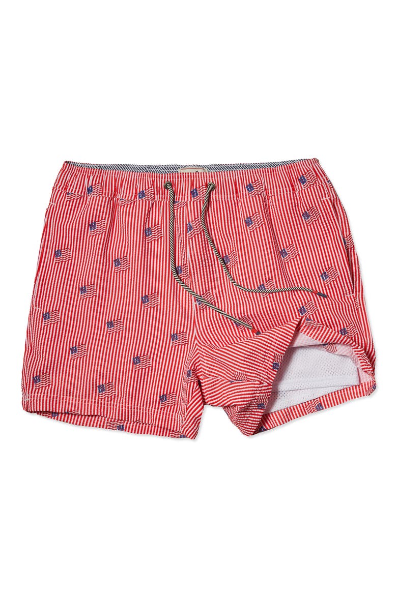 Embroidered Stripe Party Starter 5-Inch Swim Trunks, Main, color, RED