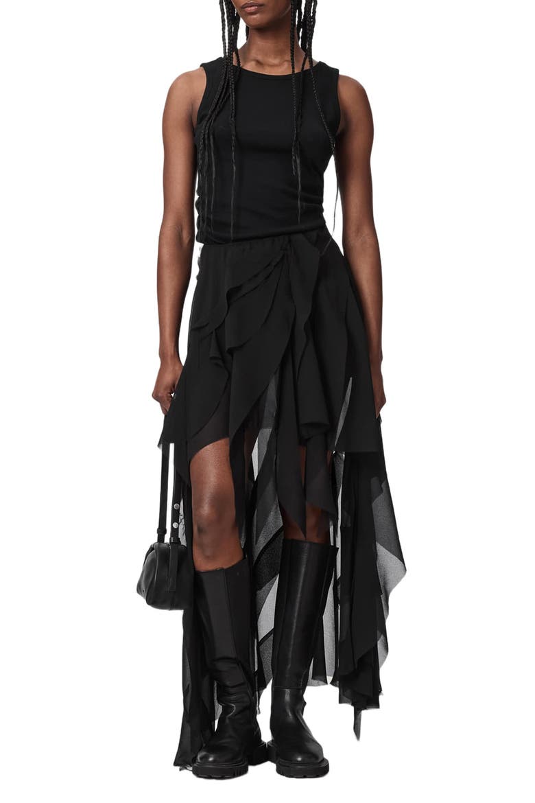 Melody Layered Ruffle Midi Skirt, Alternate, color, BLACK