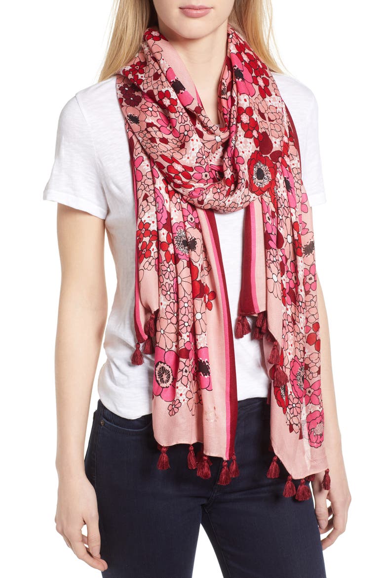 cactus flower oblong scarf, Main, color, LINGONBERRY