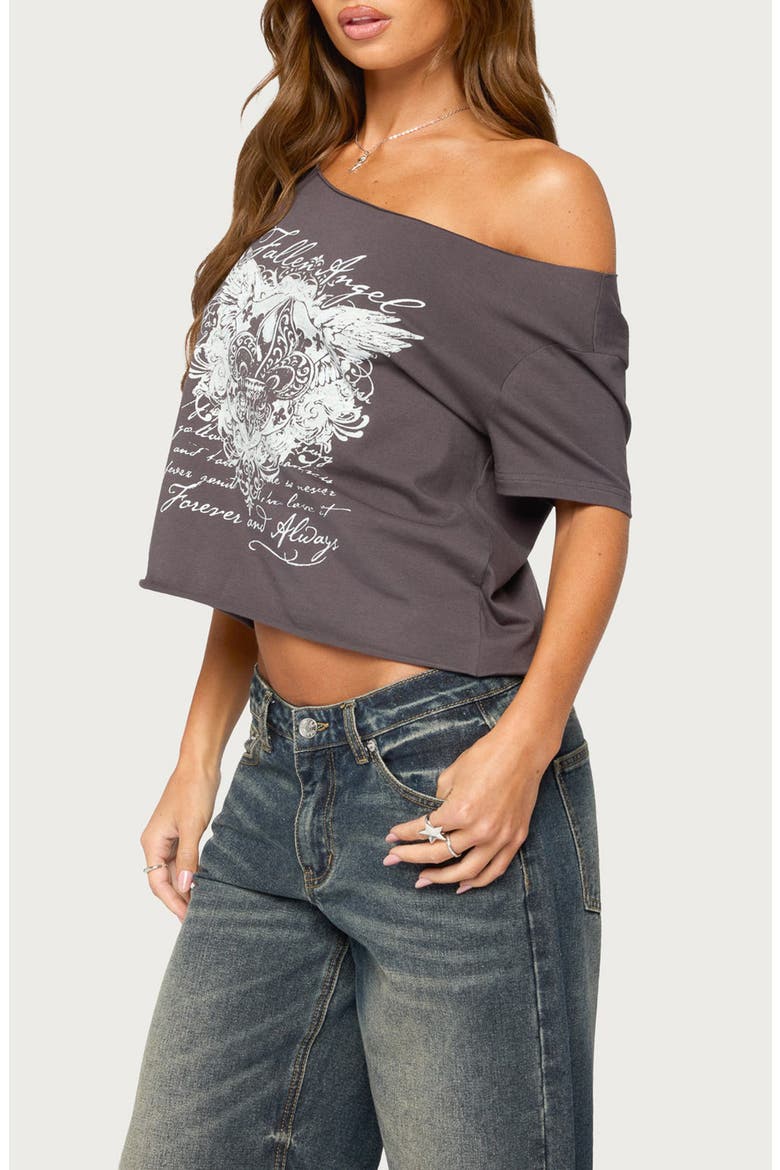 Fallen Angel Off the Shoulder Graphic T-Shirt, Alternate, color, CHARCOAL