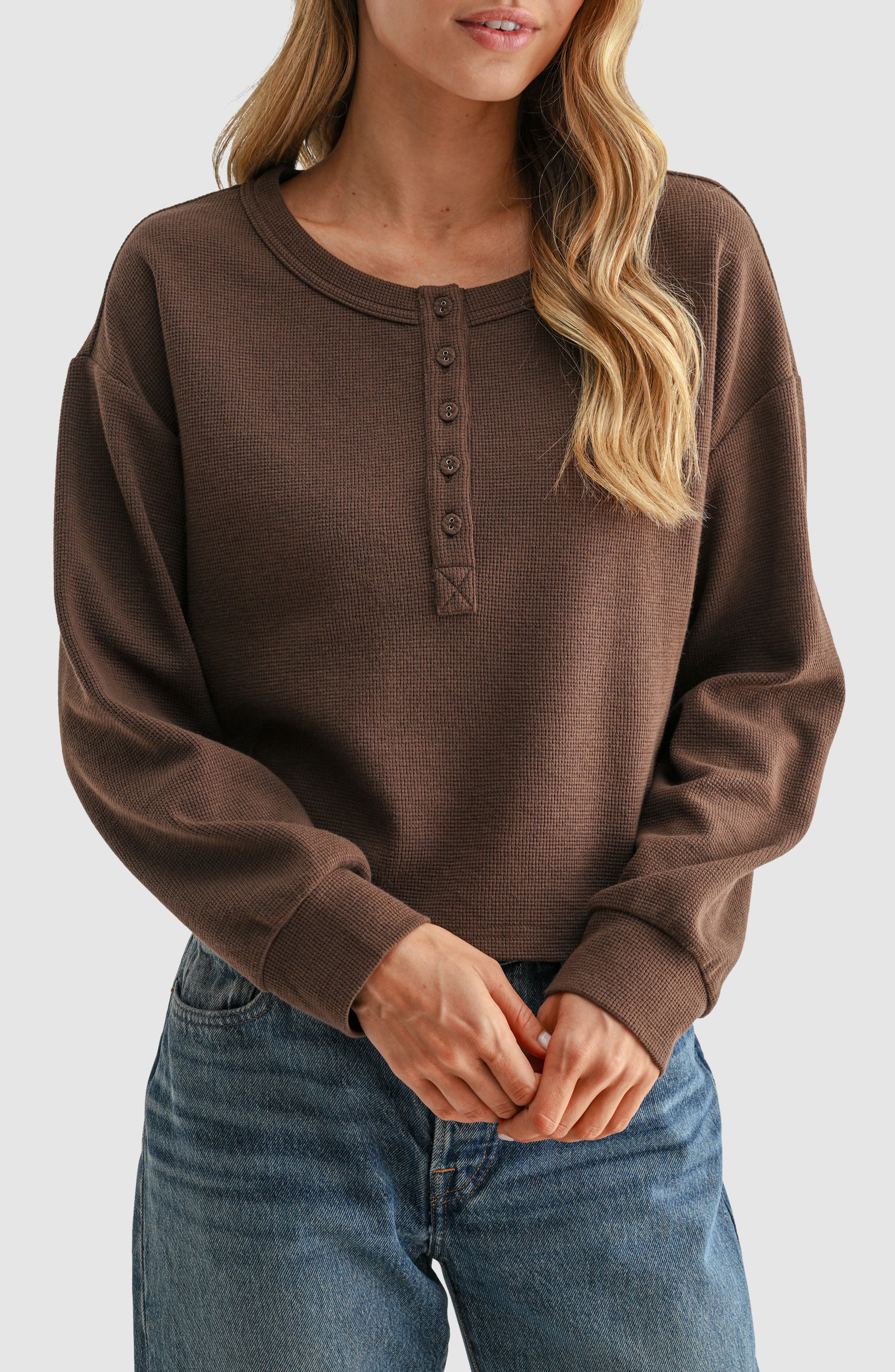 Waffle Knit Cropped Henley Tee