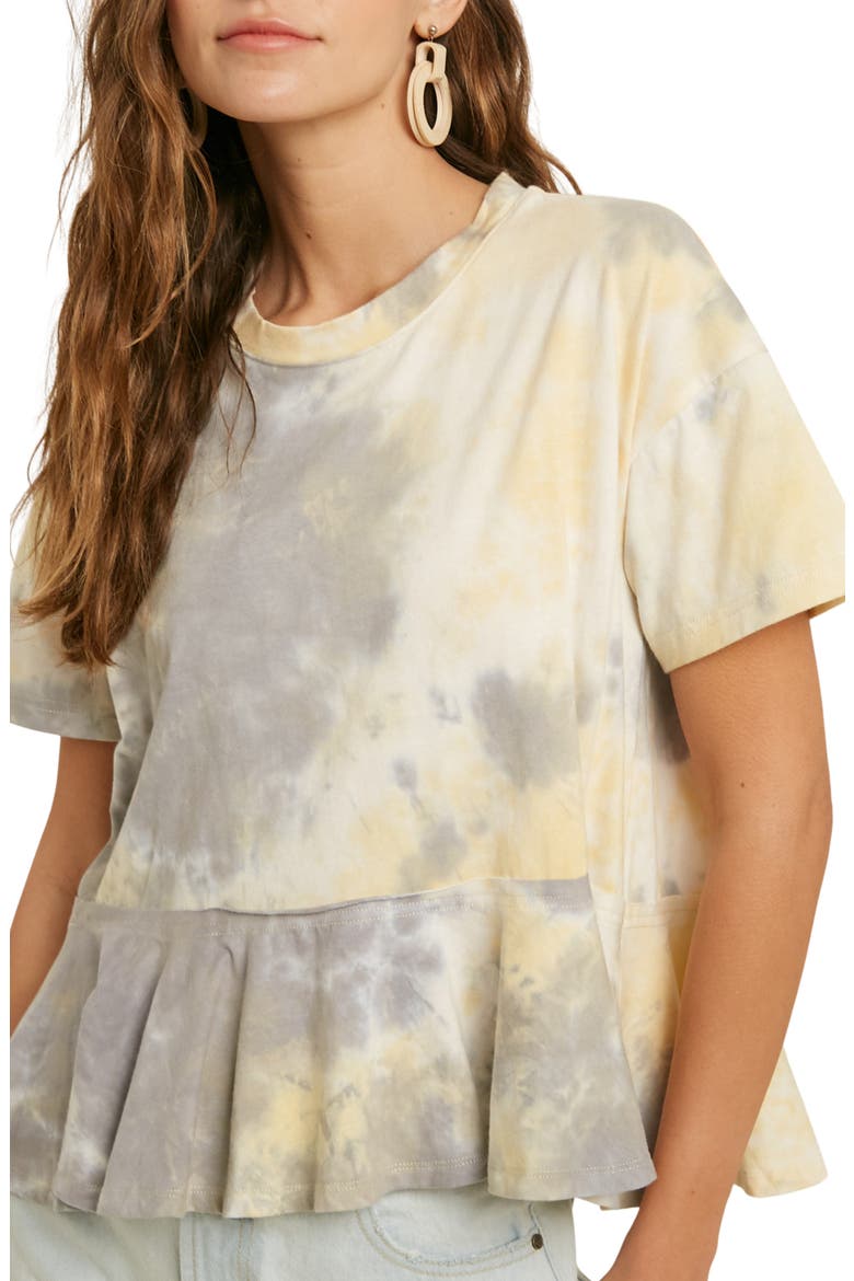 Tie Dye Short Sleeve Peplum Top, Main, color, YELLOW/ GREY