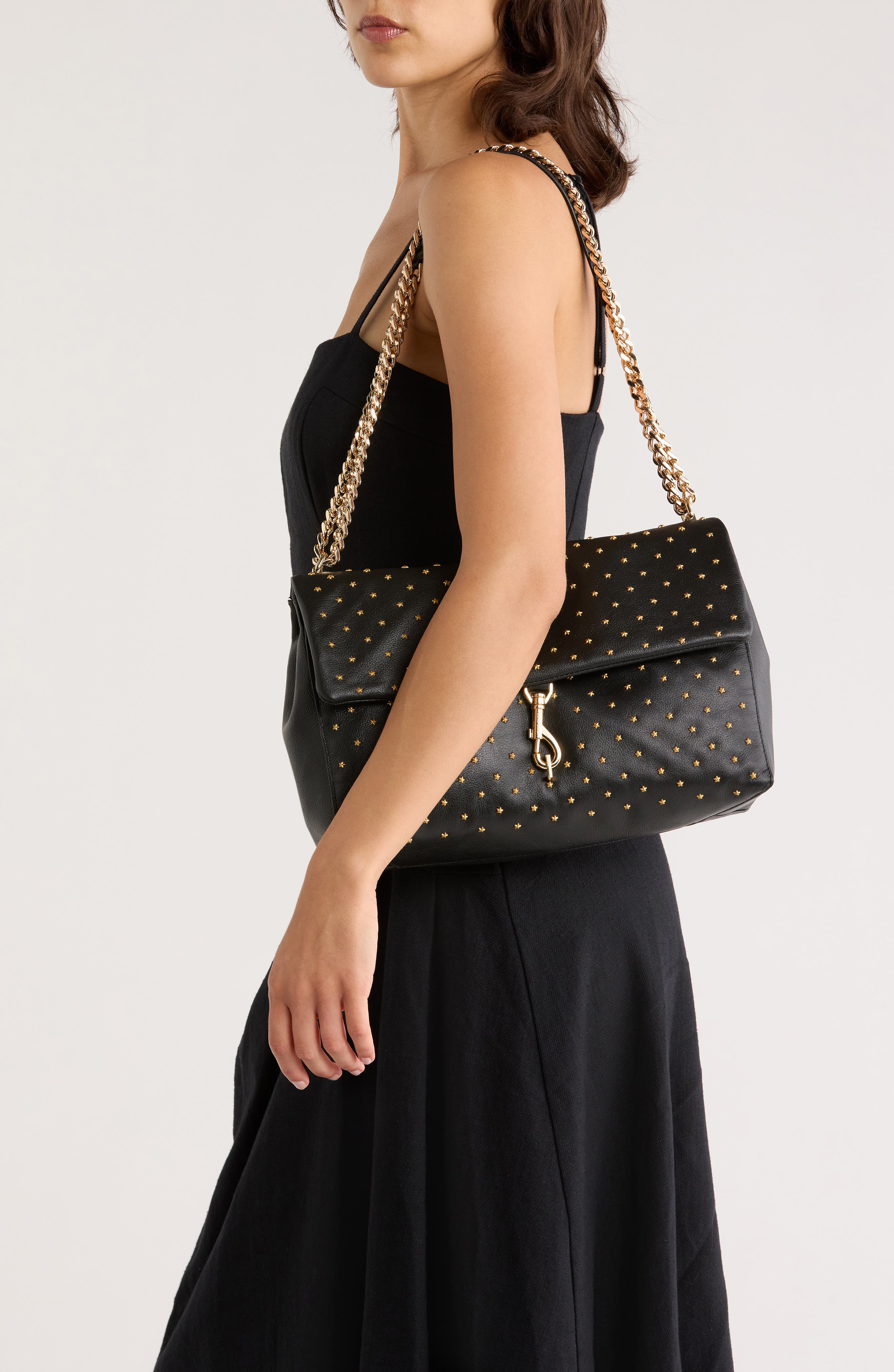 Rebecca Minkoff Edie Star Studded Shoulder Bag, Alternate, color, Black