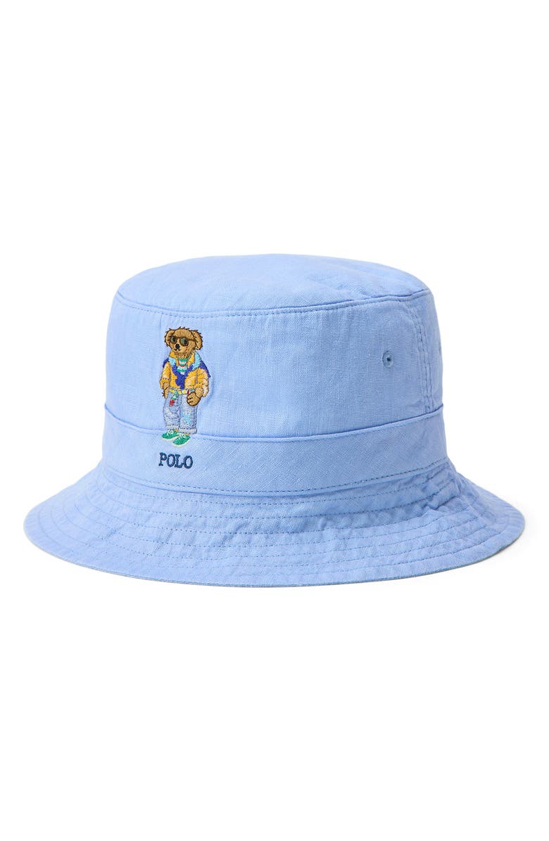 Polo Ralph Lauren Polo Bear Embroidered Linen Bucket Hat, Main, color, Austin Blue