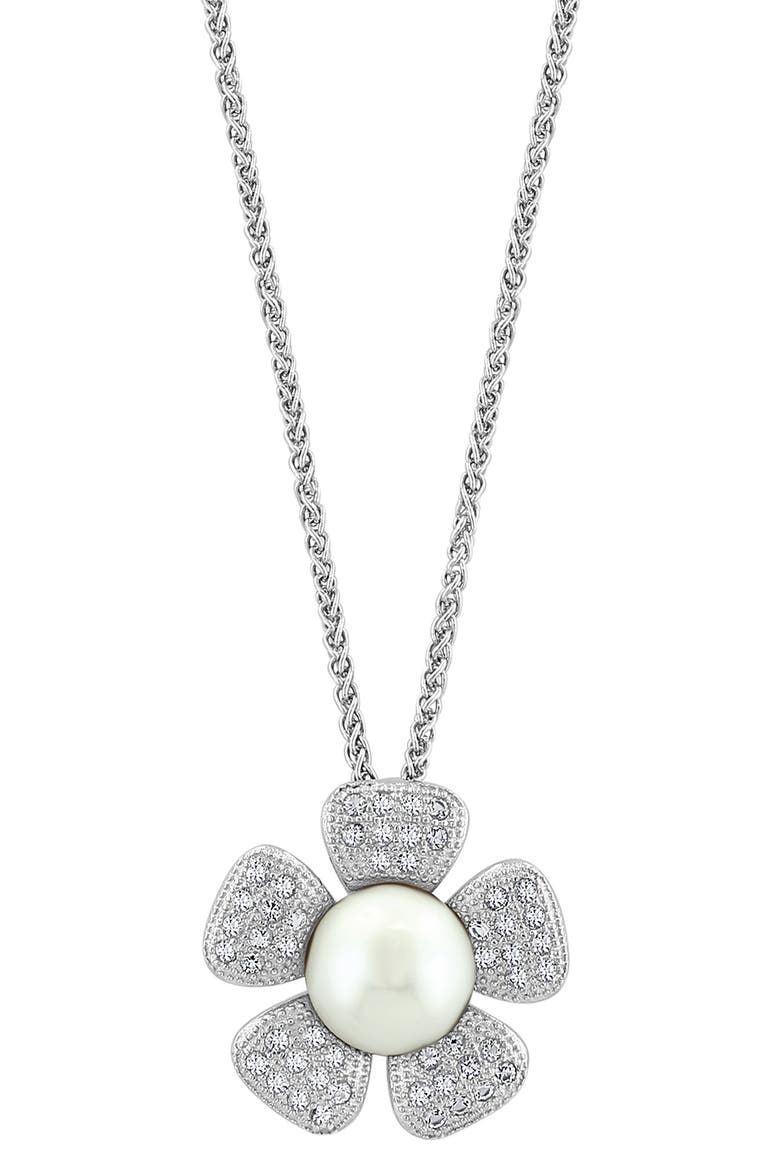 White Topaz & Cultured Pearl Flower Pendant Necklace, Main, color, WHITE