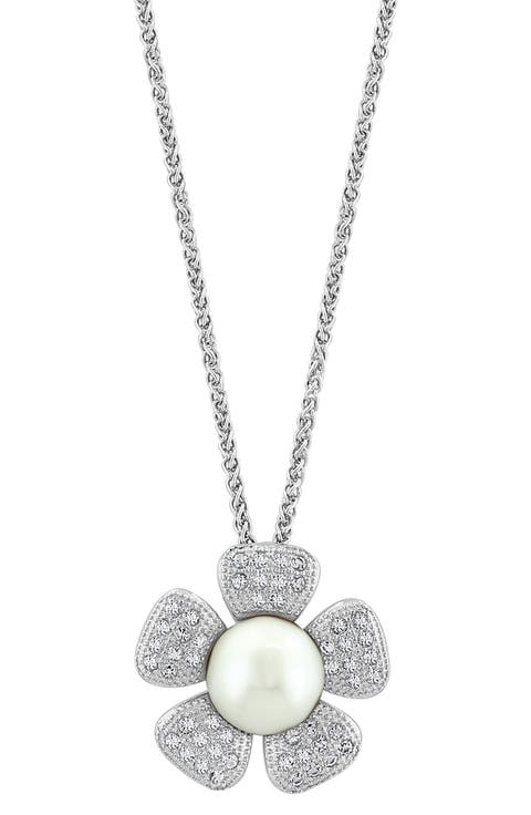 White Topaz & Cultured Pearl Flower Pendant Necklace