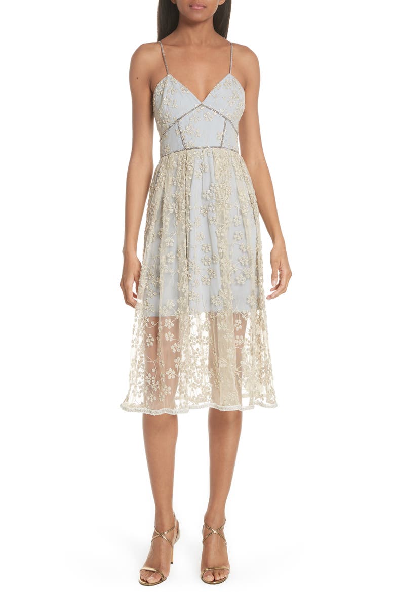 Metallic Floral Embroidery Chain Strap Dress, Main, color, GOLD/ GREY