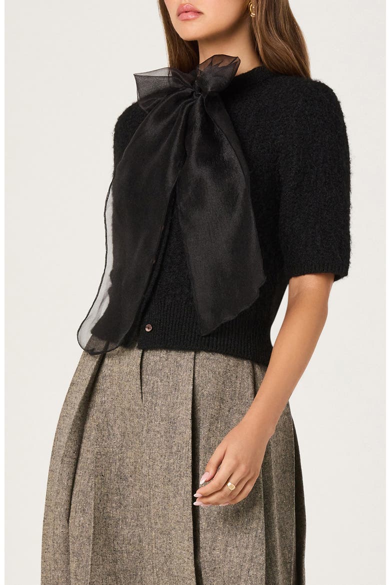 Organza Bow Mixed Media Sweater, Alternate, color, BLACK