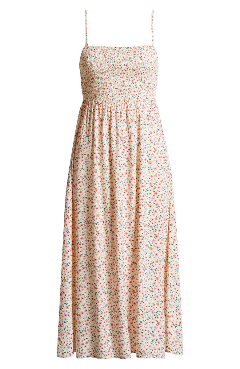 Billabong Off the Coast Floral Smocked Midi Dress, Alternate, color, White Cap