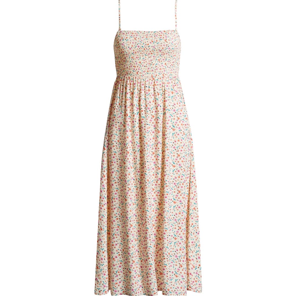 Billabong Off The Coast Floral Smocked Midi Dress In White Cap