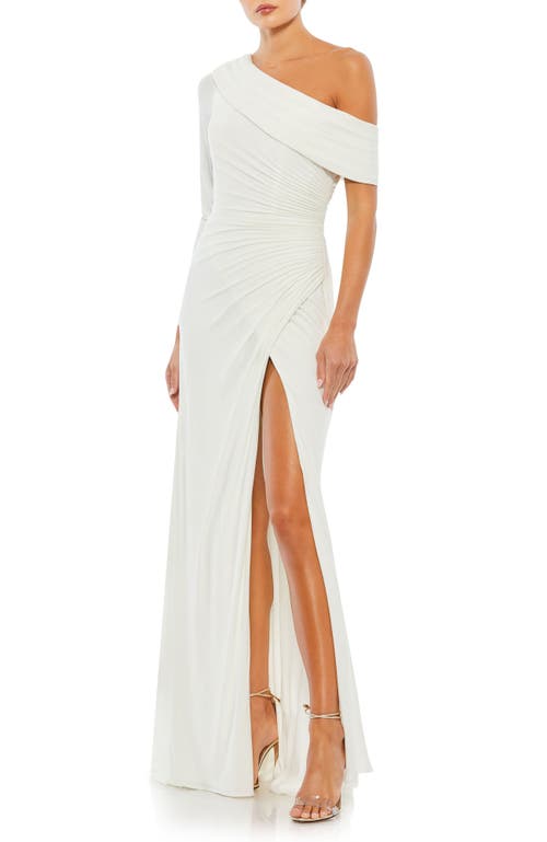 Mac Duggal Ruched Jersey Drop Shoulder Foldover Gown In White