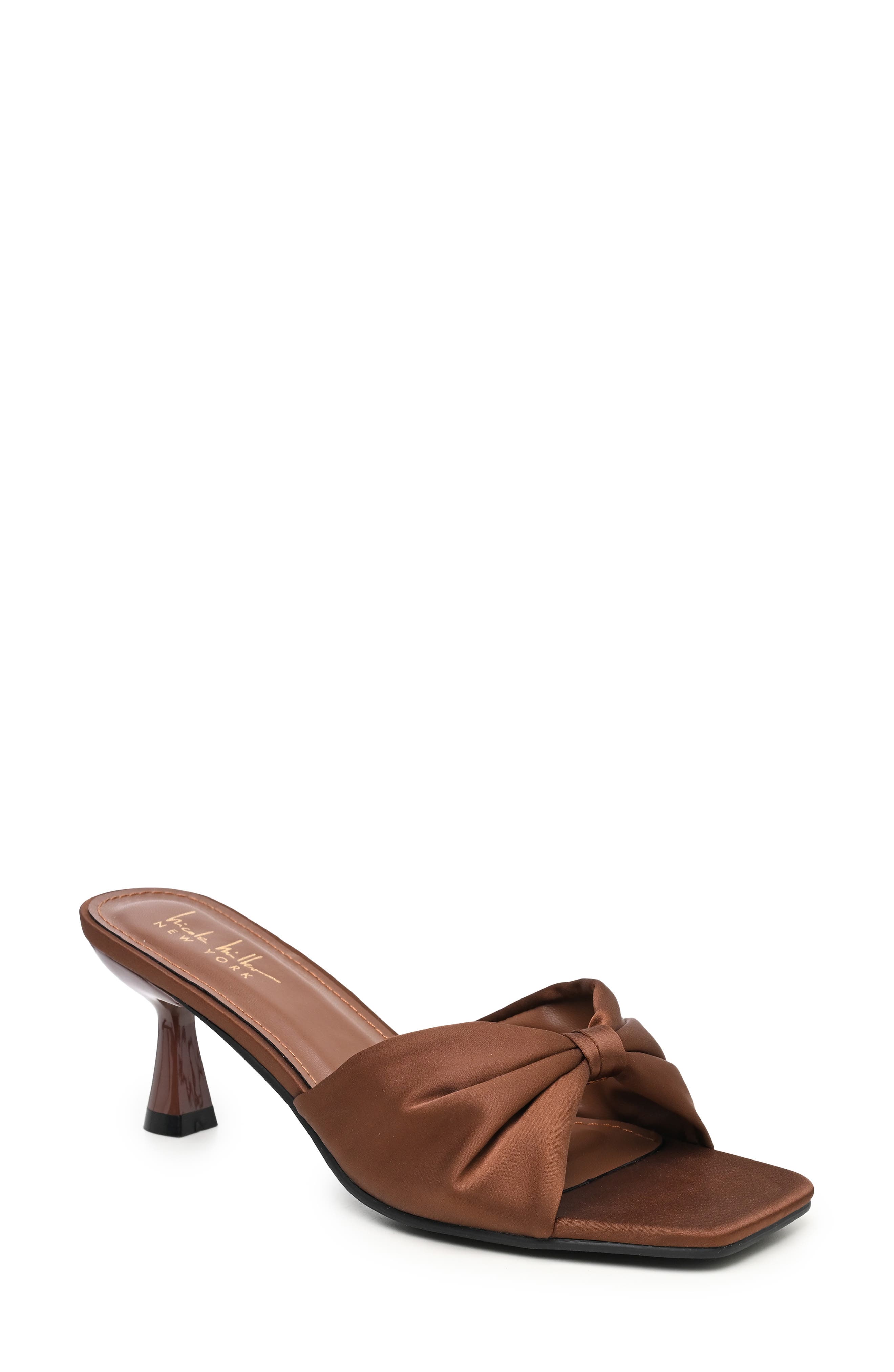 Bow Mule Sandal, Main, color, BROWN SATIN