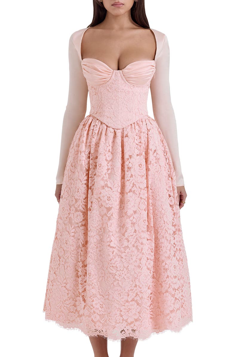 HOUSE OF CB Duchess Corset Lace Fit & Flare Midi Dress with Bolero, Alternate, color, Pink Salt