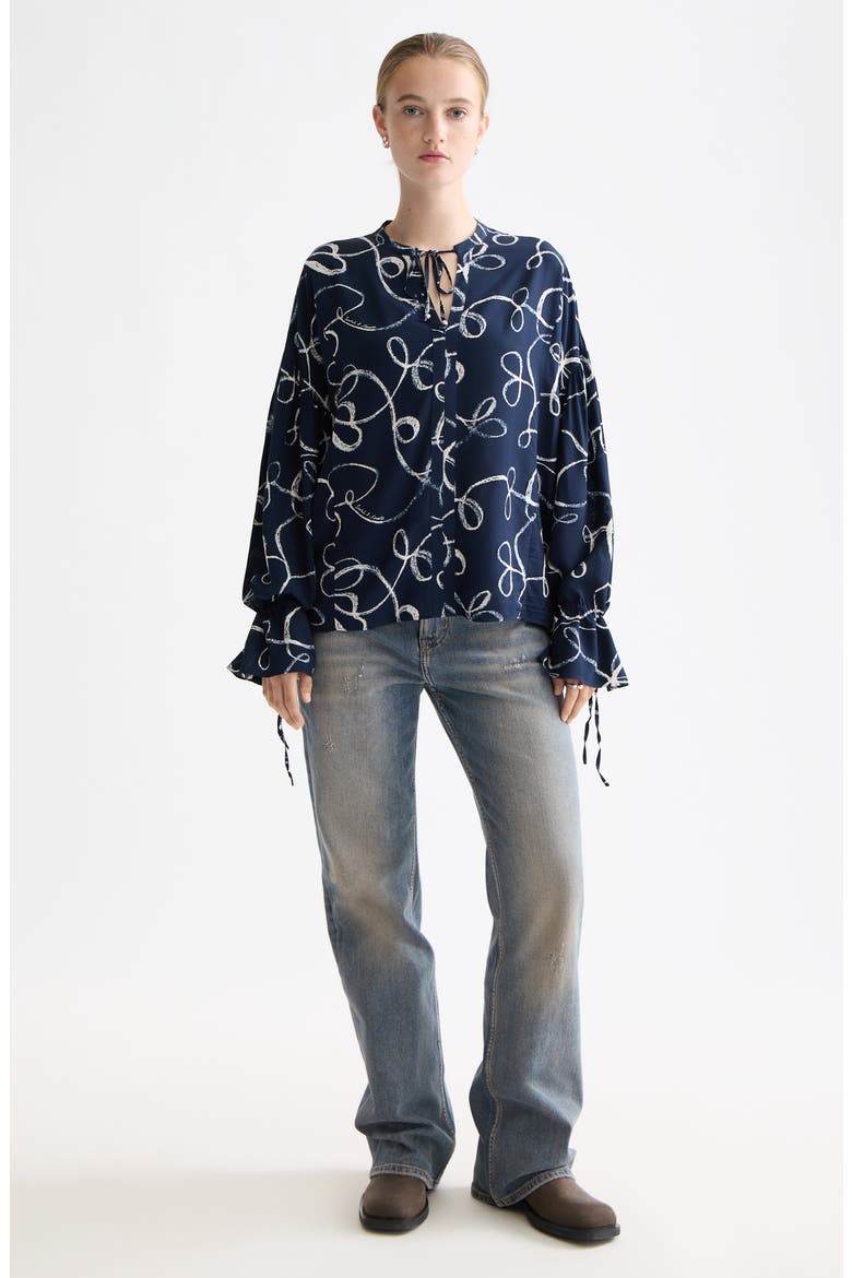 Tie Neck Ruffle Cuff Top, Alternate, color, RIBBON NAVY AOP