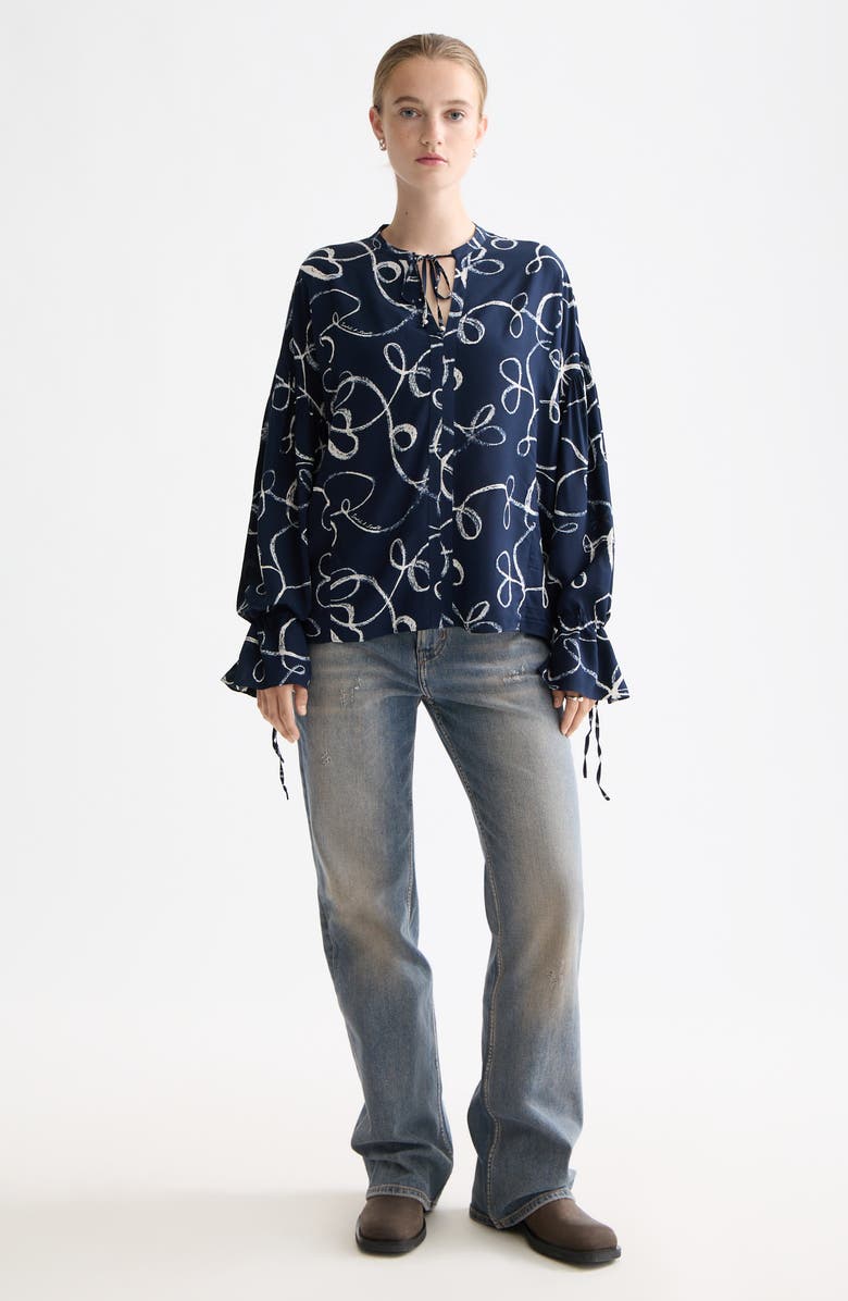Scotch & Soda Tie Neck Ruffle Cuff Top, Alternate, color, Ribbon Navy Aop