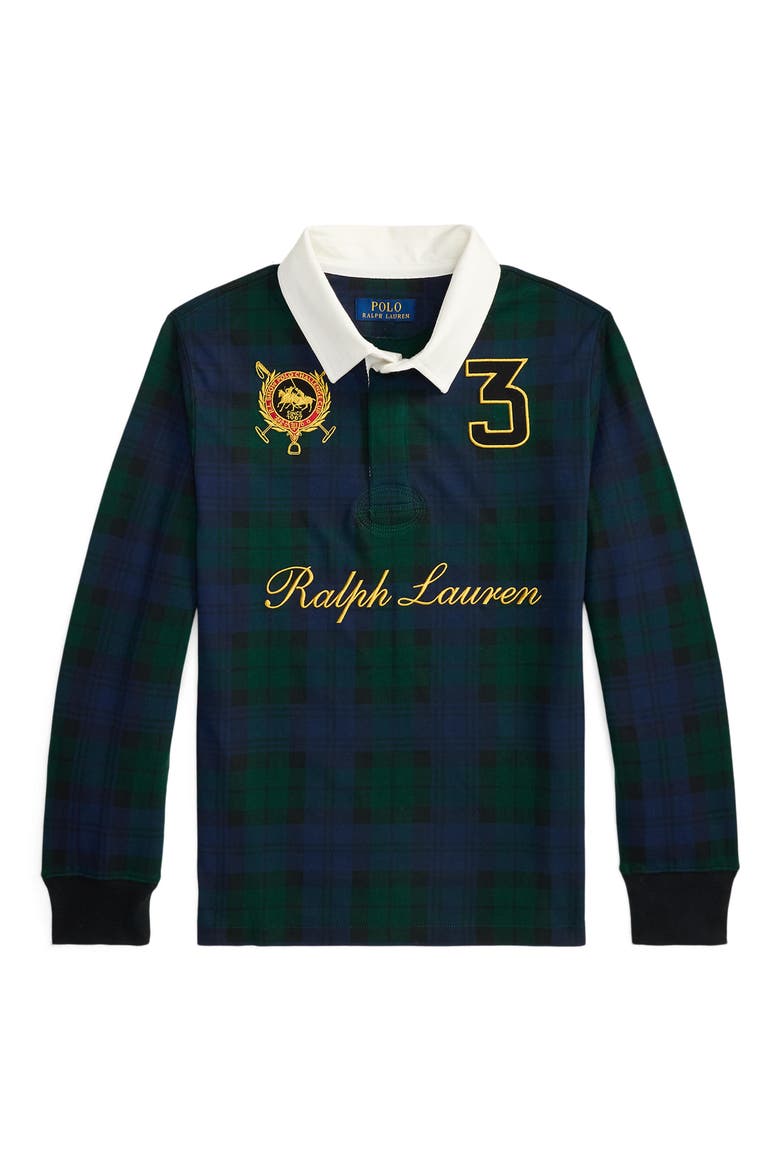 Kids' Plaid Long Sleeve Cotton Jersey Rugby Polo, Main, color, BLACKWATCH TARTAN