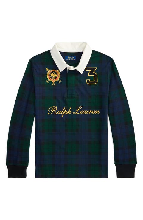 Kids' Plaid Long Sleeve Cotton Jersey Rugby Polo