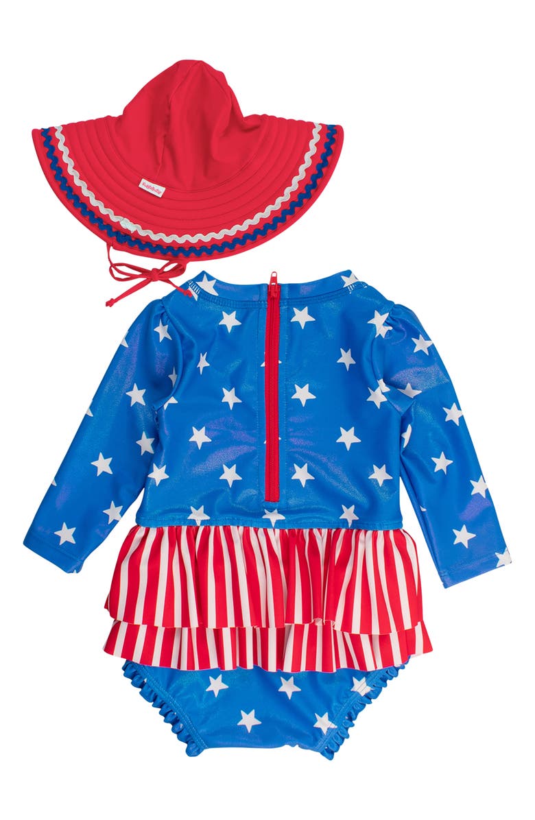 RuffleButts Star Stripes One-Piece Rashguard Swimsuit & Hat Set, Alternate, color, 