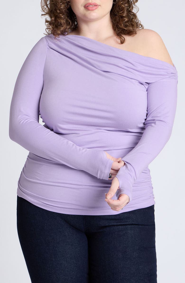 ELOQUII Ruched One-Shoulder Long Sleeve Jersey Top, Main, color,