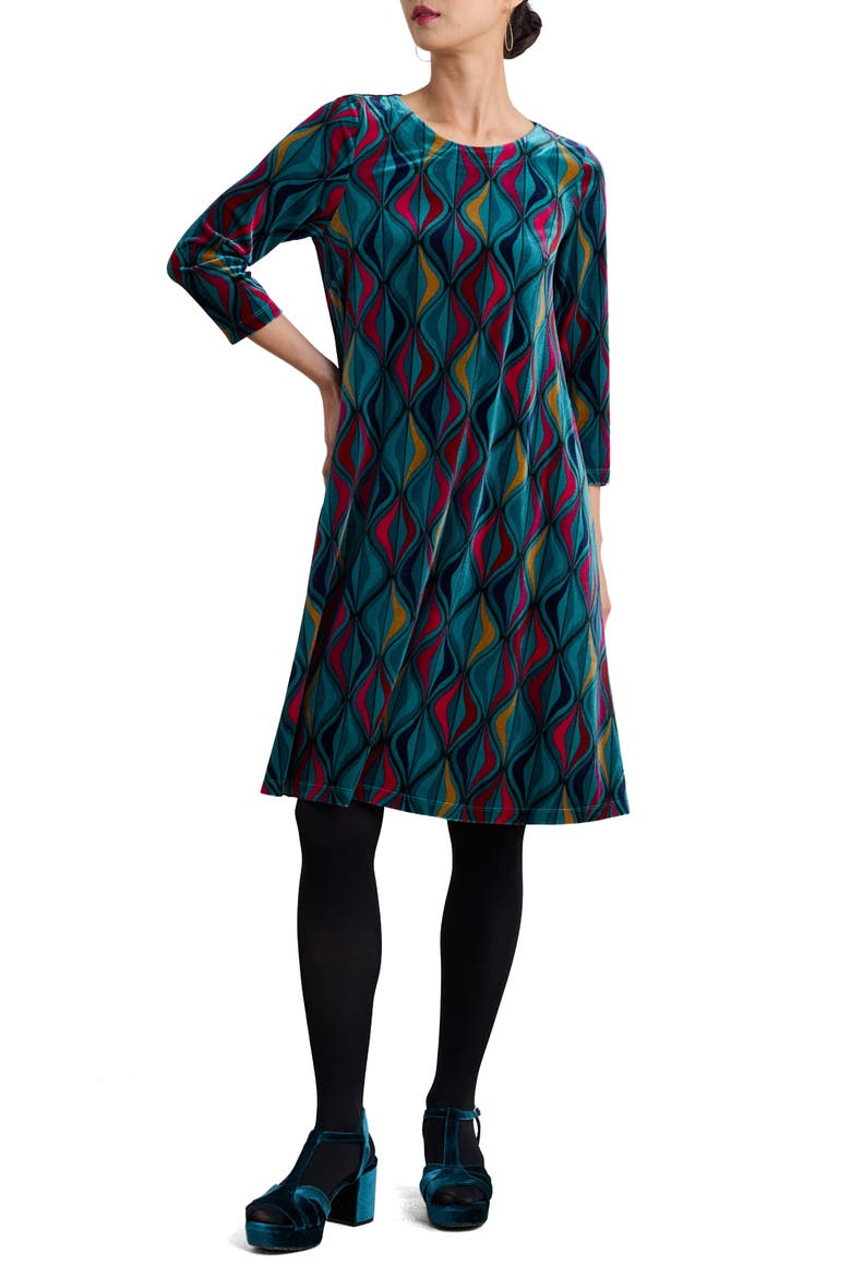 Mahonia Print Velvet Shift Dress, Main, color, FESTIVE RIBBONS DARK JADE