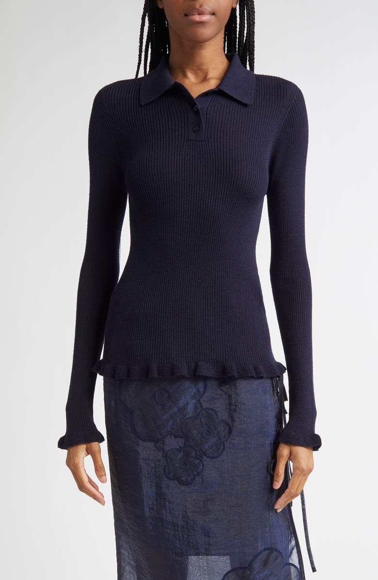 Cecilie Bahnsen Oda Fitted Rib Merino Wool Polo Sweater, Main, color,