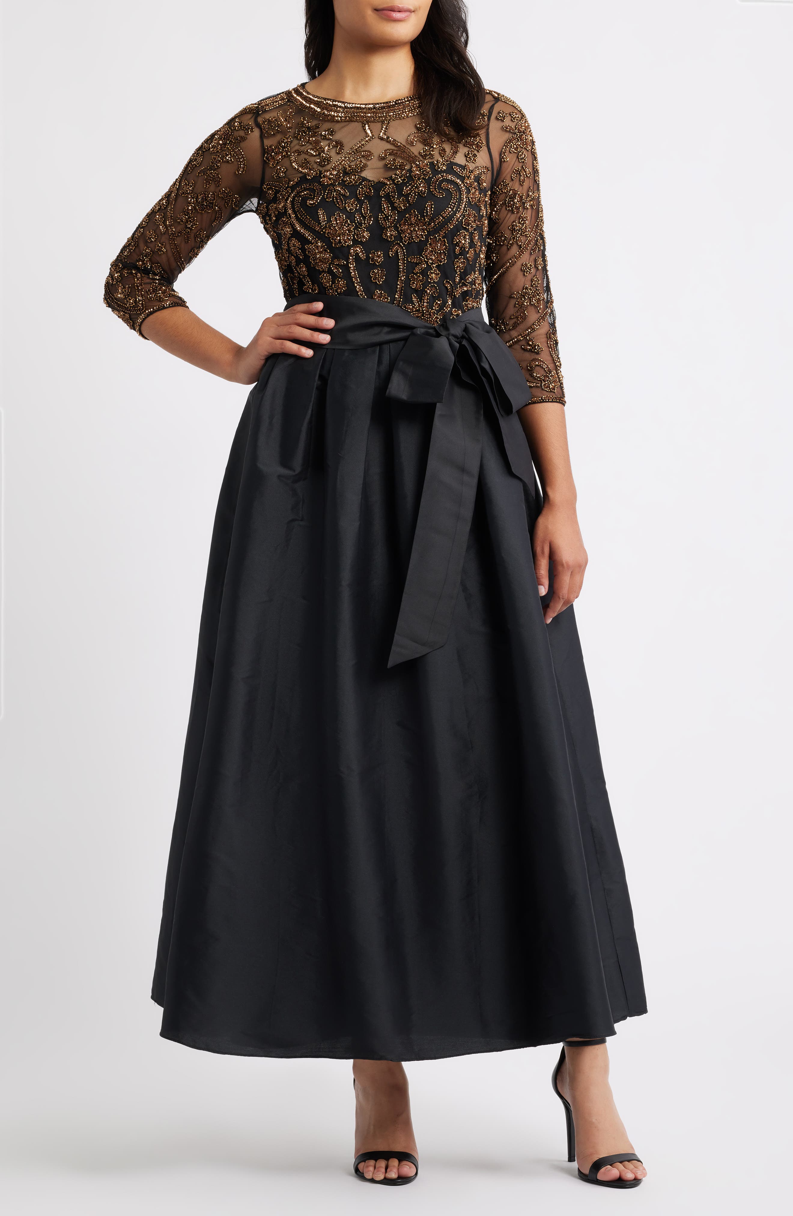 Pisarro Nights Beaded Illusion Neck Taffeta Cocktail Dress