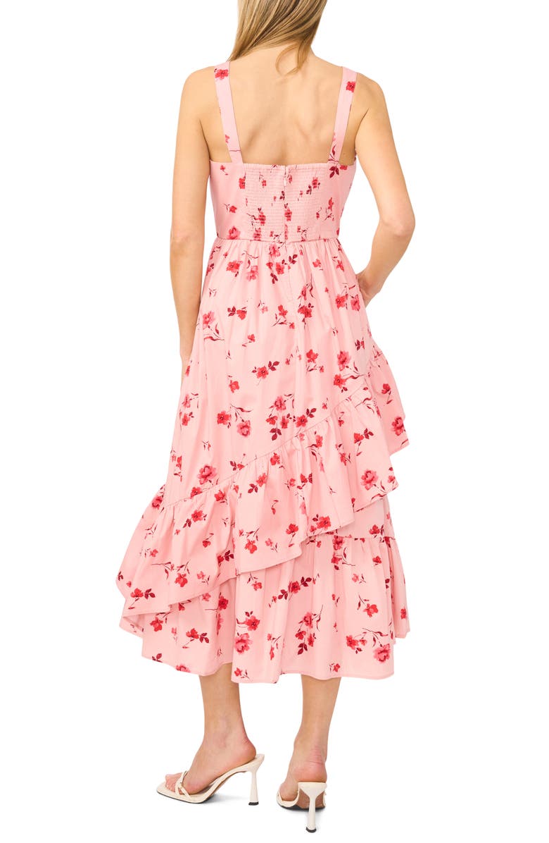 CeCe Floral Ruffle Detail Stretch Cotton Midi Dress, Alternate, color, Coral Bloom
