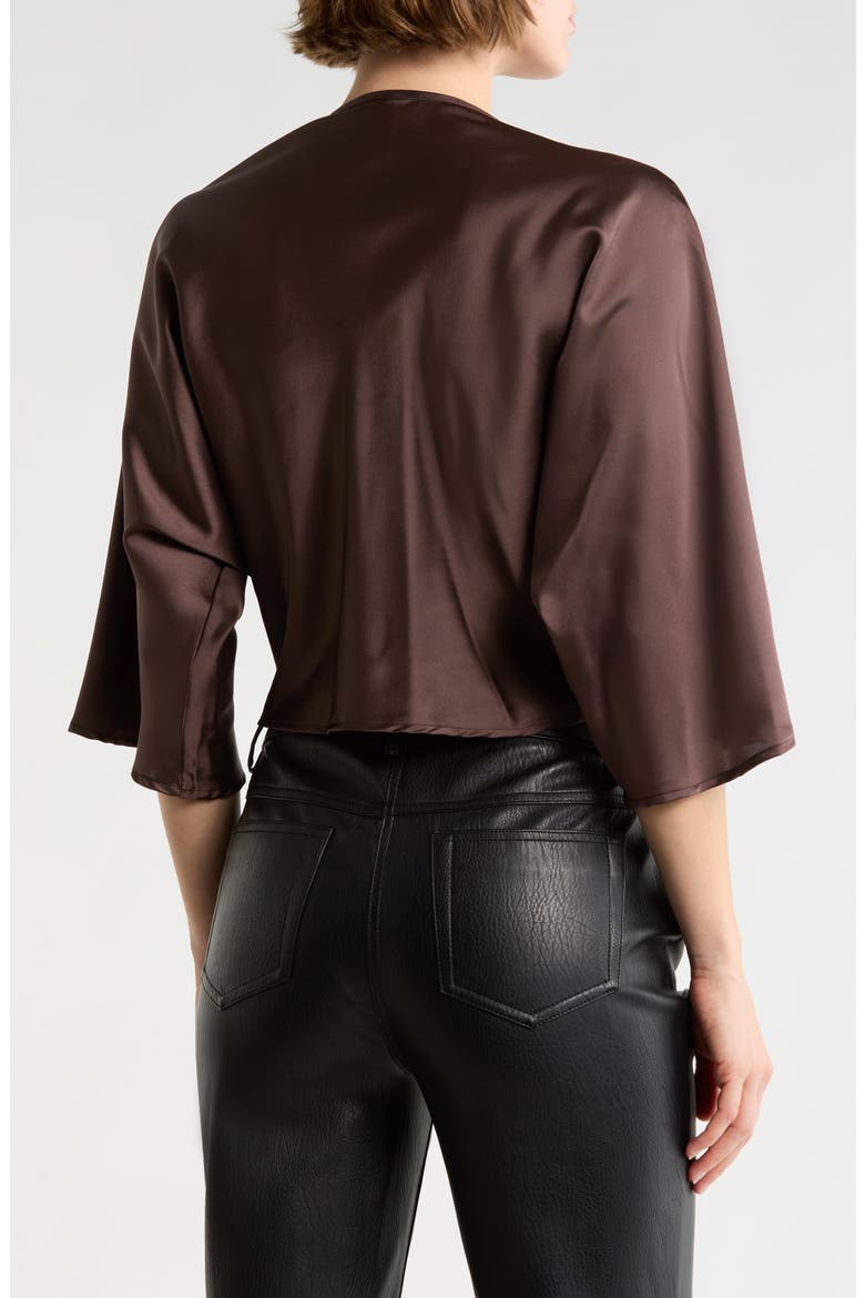 Plunge Neck Long Sleeve Twisted Knot Satin Top, Alternate, color, BROWN