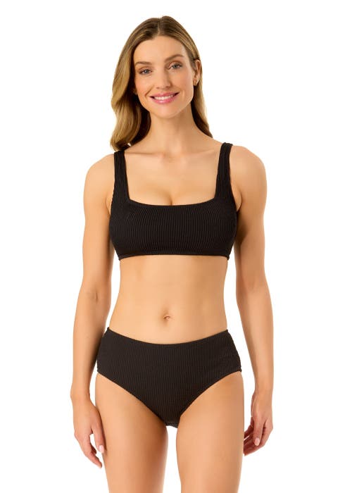 Anne Cole Live In Color Textured Classic Square Neck Bralette Bikini Swim Top In Black