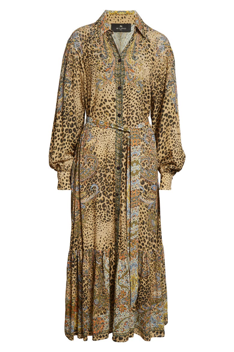 Paisley Leopard Spot Belted Long Sleeve Shirtdress, Alternate, color, DARK BROWN