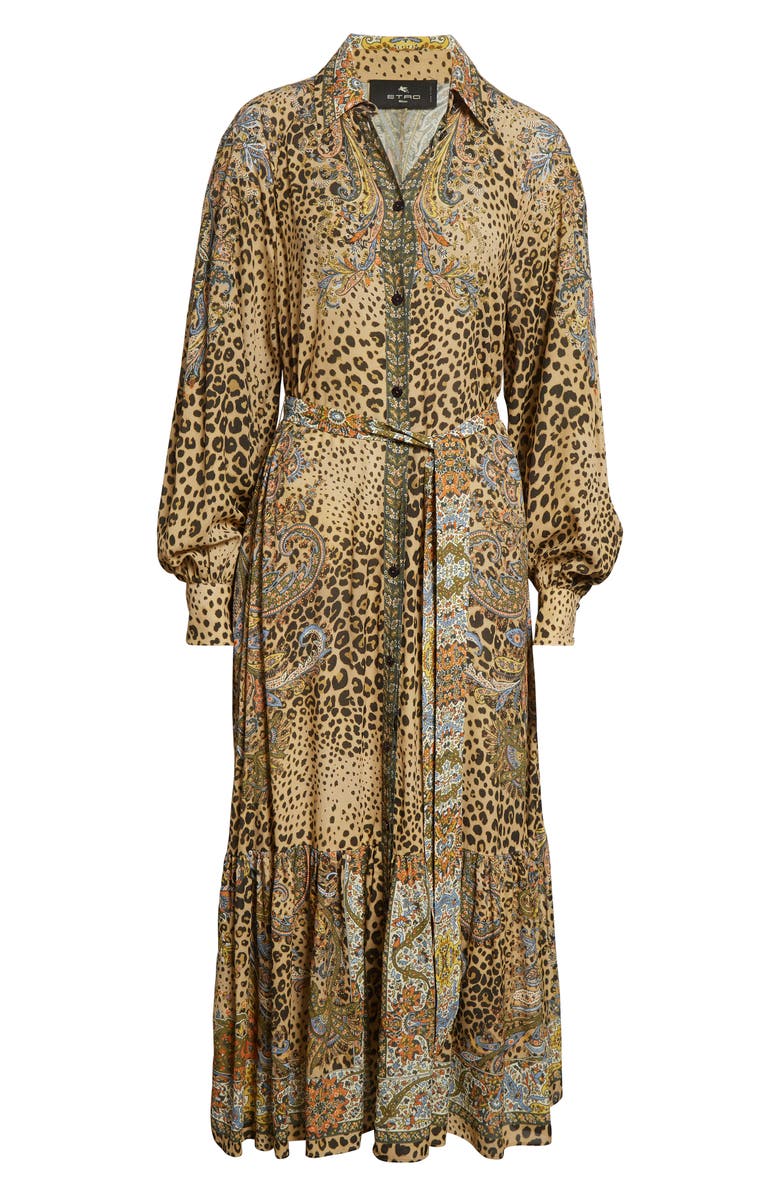 Etro Paisley Leopard Spot Belted Long Sleeve Shirtdress, Alternate, color, Dark Brown