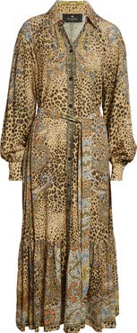 Etro Paisley Leopard Spot Belted Long Sleeve Shirtdress