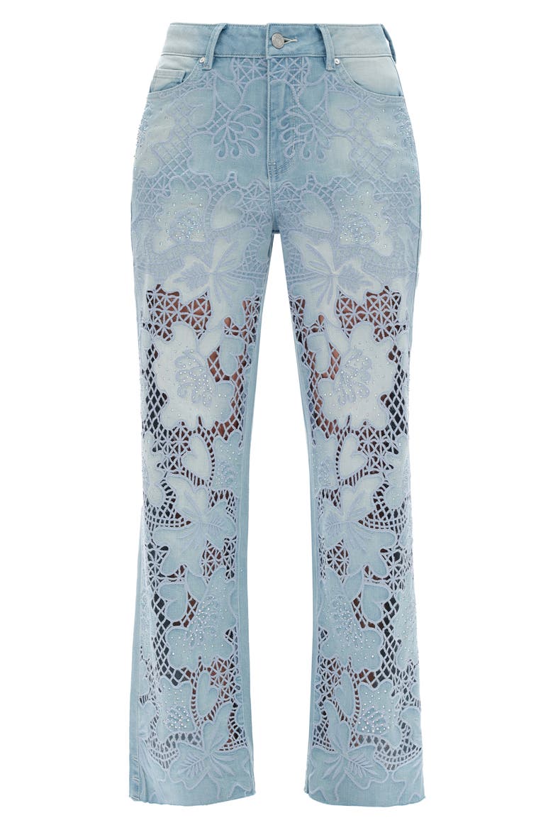 Crystal Embroidered Raw Hem High Waist Relaxed Straight Leg Jeans, Alternate, color, LIGHT BLUE