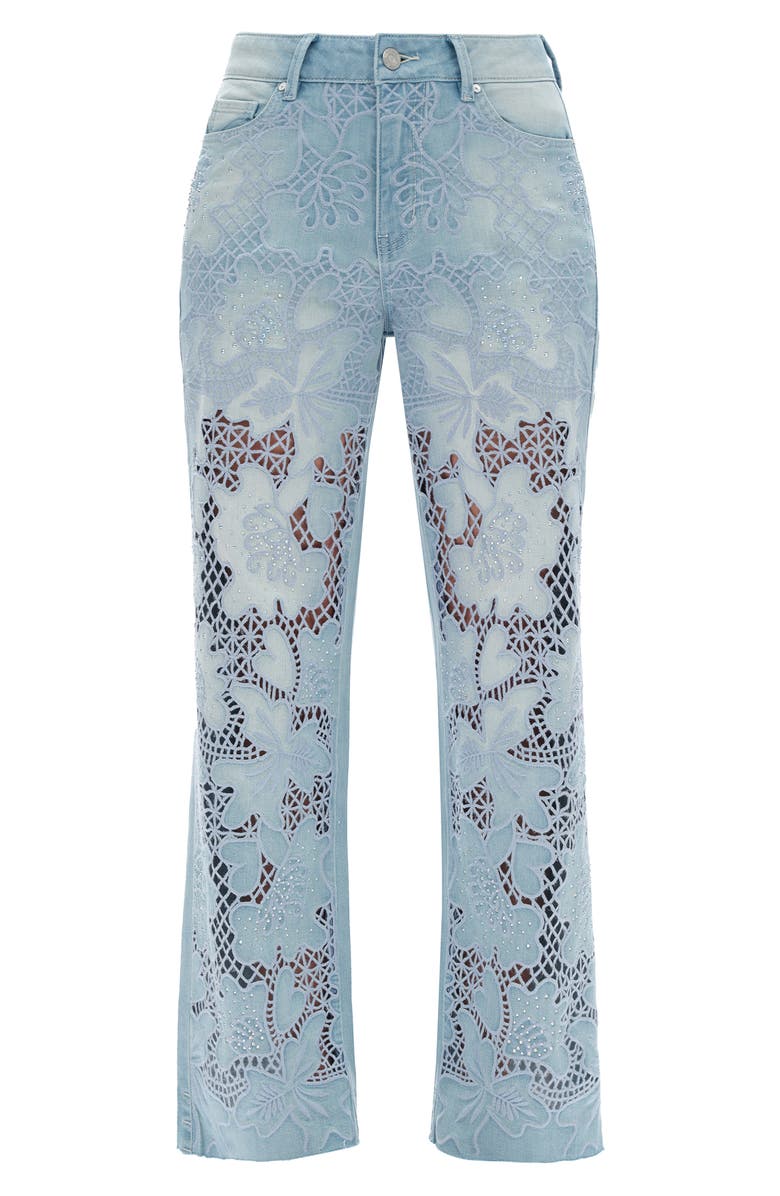 Bayeas Crystal Embroidered Raw Hem High Waist Relaxed Straight Leg Jeans, Alternate, color, Light Blue