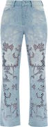 Bayeas Crystal Embroidered Raw Hem High Waist Relaxed Straight Leg Jeans