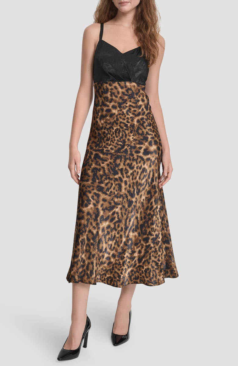 DKNY Mixed Media Print Sleeveless Midi Dress, Main, color, Black/ Truffle Cheetah