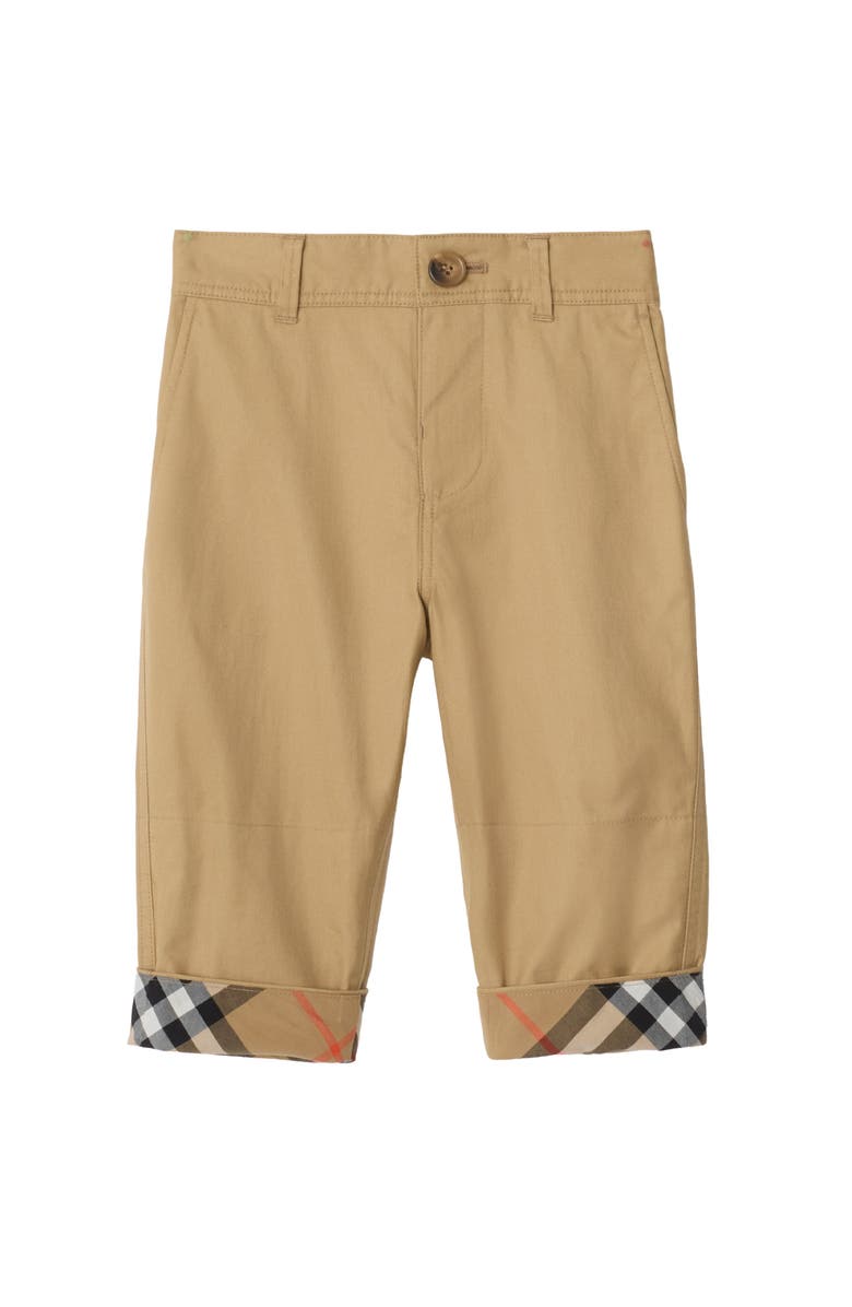 Burberry Check Turn-up Cotton Trousers, Main, color, Sand Beige