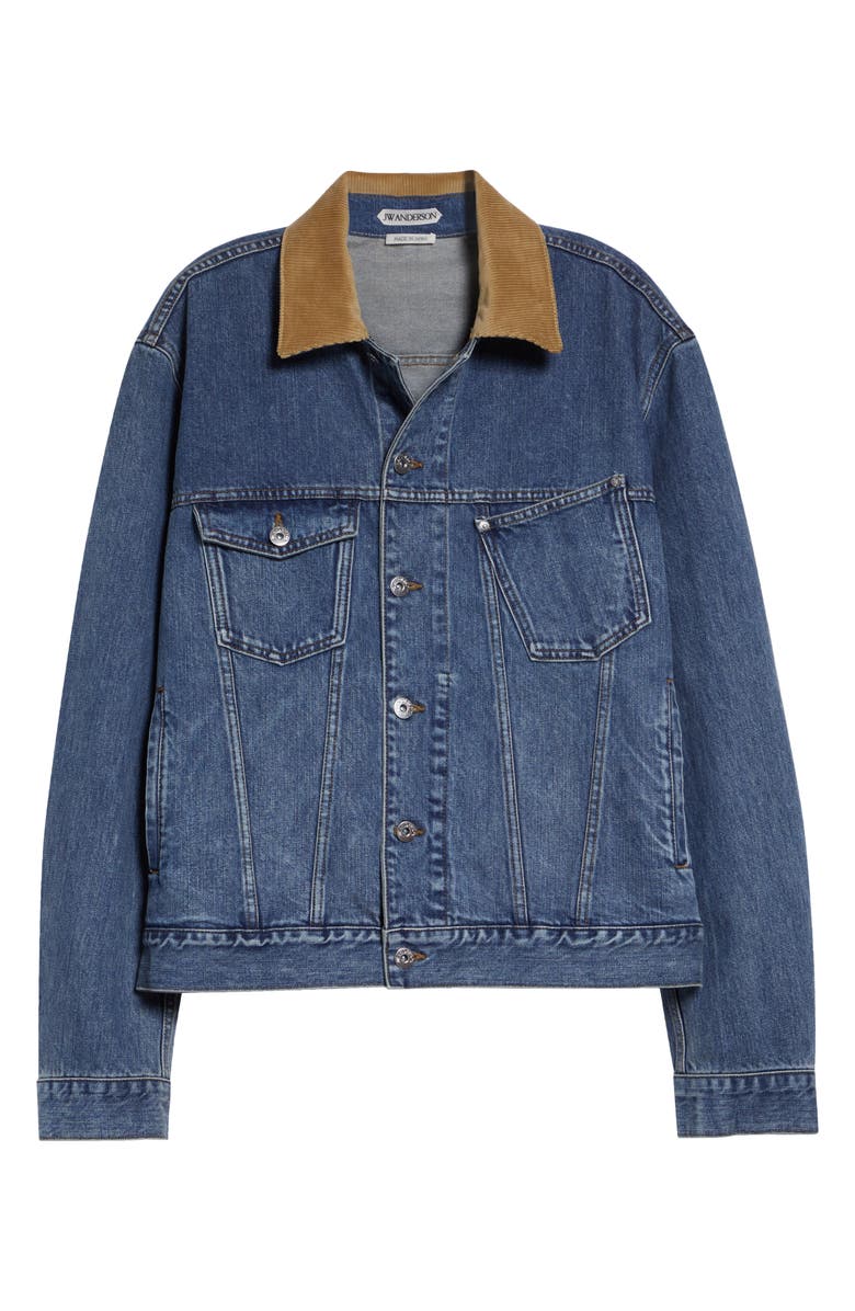 JW Anderson Corduroy Collar Denim Trucker Jacket, Main, color, Mid Blue
