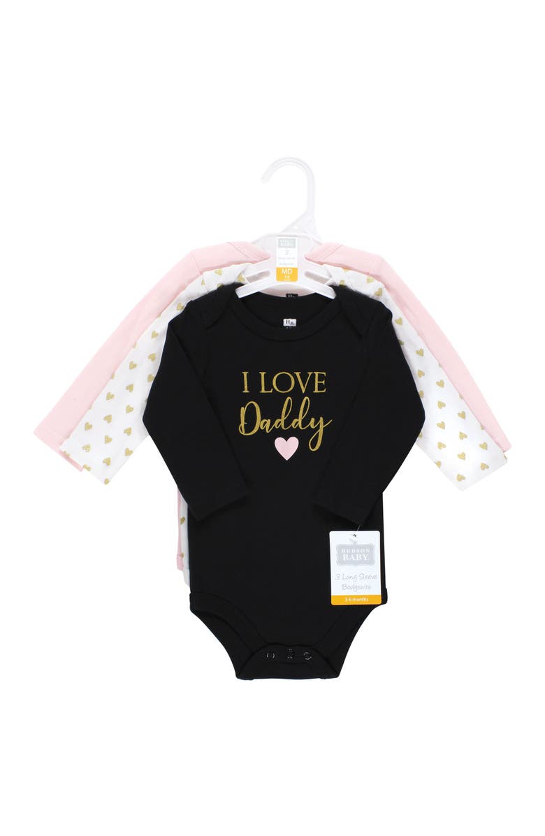 Hudson Baby Little Soft Cotton Long-Sleeve One-Piece 3Pk, Alternate, color, Girl Daddy 3-Pack