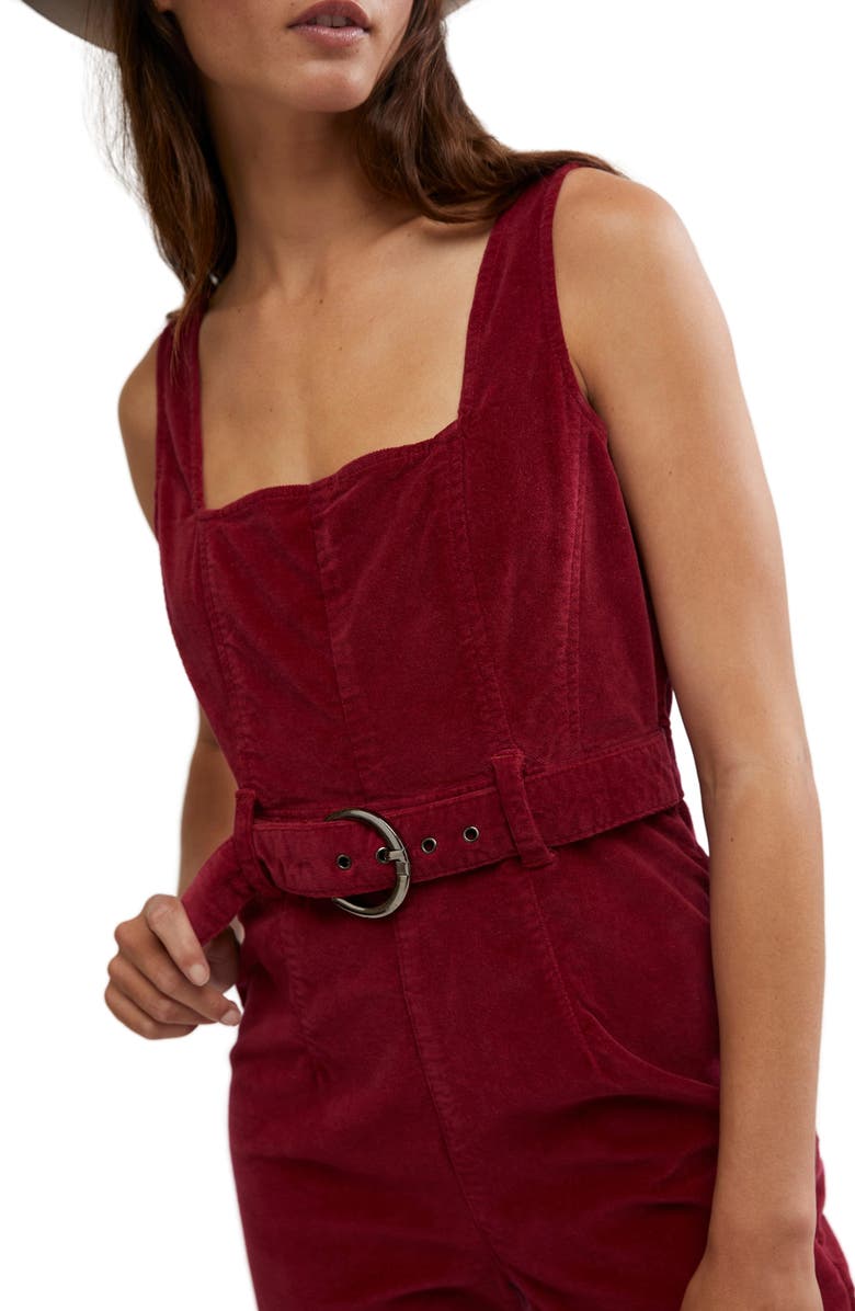 Free People Party Starter Belted Velvet Jumpsuit, Alternate, color, Holly Berry