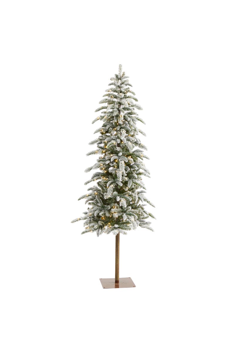 NEARLY NATURAL 6.5-ft Flocked Washington Alpine Christmas Artificial Tree with 250 White Warm LED Lights and 637 Bendable Branches, Main, color, Green
