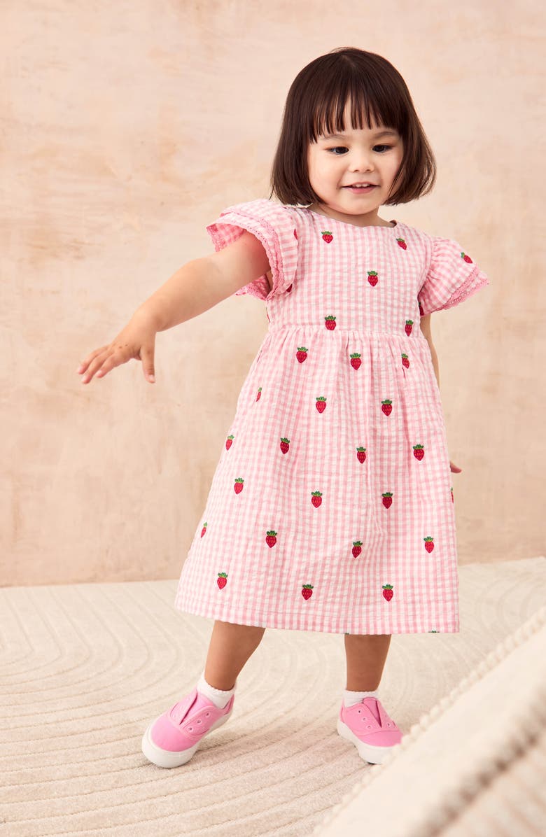 Gingham Check Strawberry Embroidered Cotton Seersucker Dress