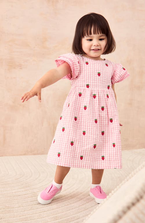 Jojo Maman Bébé Jojo Maman Bebe Gingham Check Strawberry Embroidered Cotton Seersucker Dress In Pink