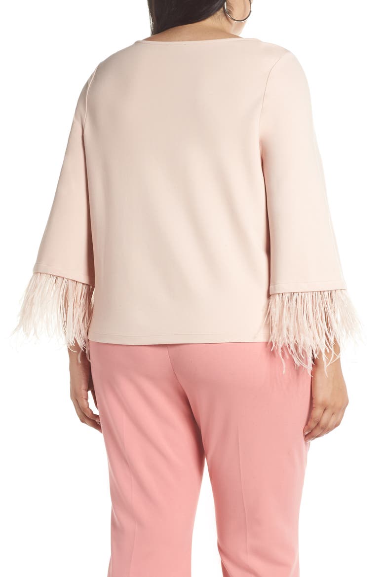 Feather Trim Ponte Top, Alternate, color, PINK SMOKE