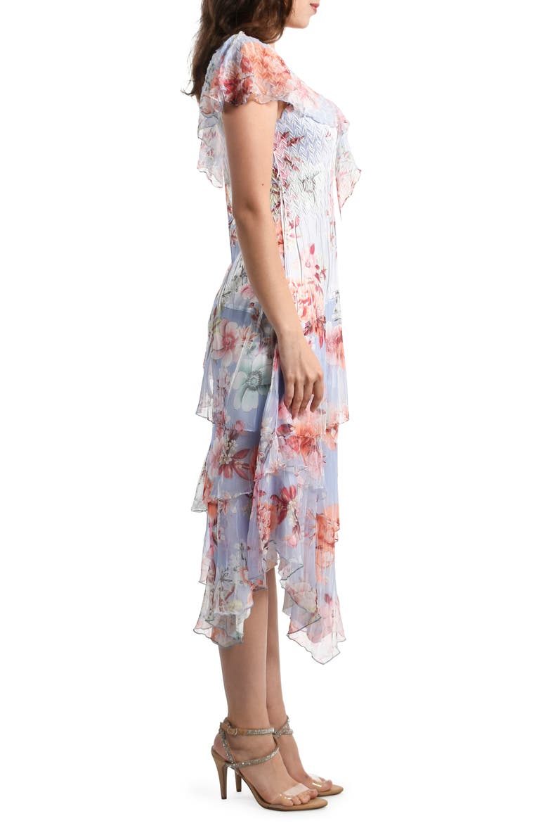 Tiered Flutter Sleeve Floral Print Cocktail Dress, Alternate, color, PERIWINKLE BLOOM
