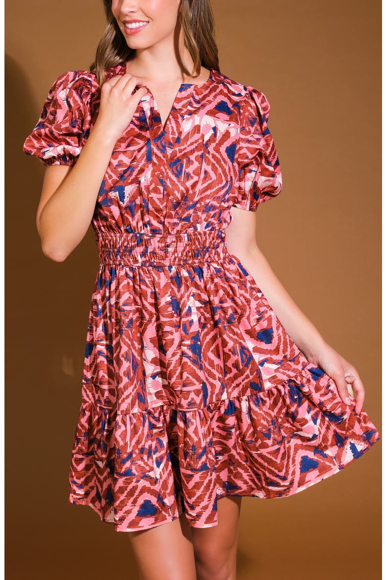 Print Puff Sleeve Minidress, Alternate, color, BROWN NAVY